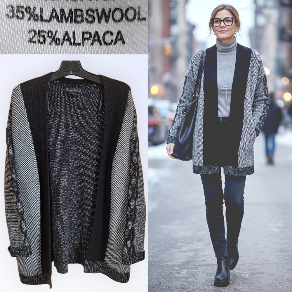 Alpaca Lambswool Wool Blend Cardigan Open Front Black White‎ Medium